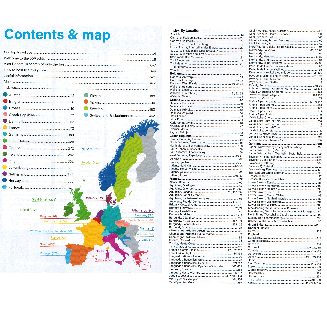 Alan Rogers Camping Europe 55th Edition 9781909057968 contents and index